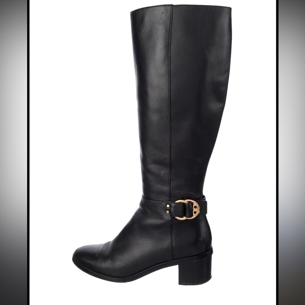 Tory Burch Black Leather Heeled Boots with Gold Accent